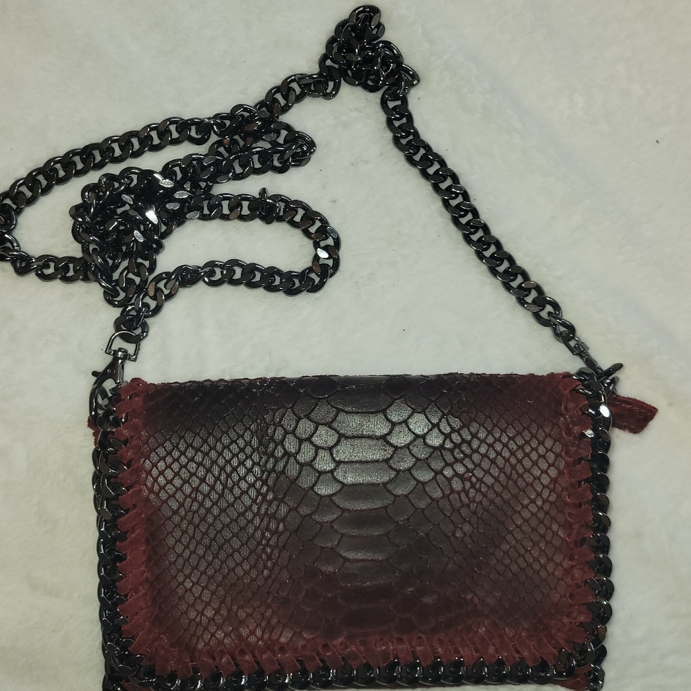 Italian Leather Snake Embossed Chain Trim Crossbody Bag Burgundy Falabella Style - Picture 2 of 8